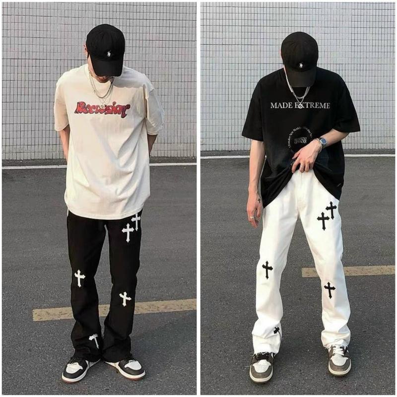 (xả hàng) quần suông ống rộng Jean thêu đen và thêu trắng Menswear Nam Ong Pants Jean Baggy