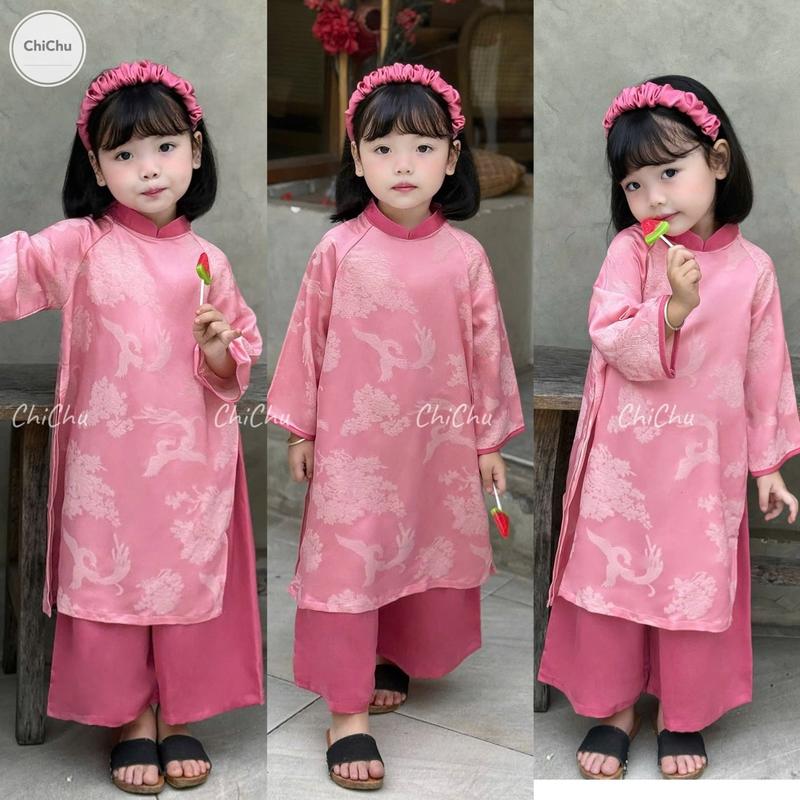 Áo Dài Bé Gái CHICHU Gấm Hồng Phượng Hoàng Cổ Tầu Cách Tân TẶNG CÀI TÓC Theo Set áo dài  bé gái 3