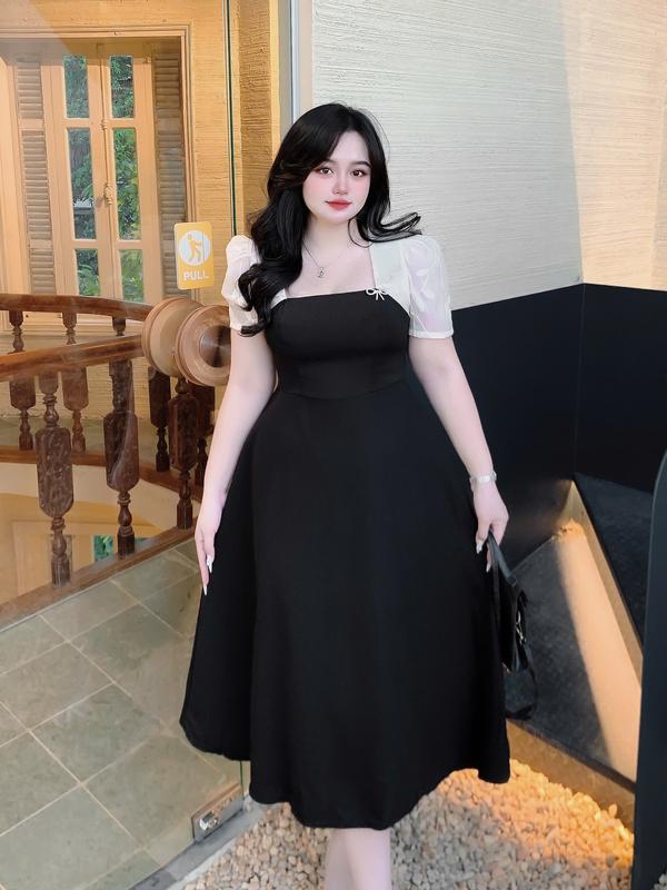 Váy Thiết Kế Bigsize NISTA Đầm Thiết Kế Bigsize Cổ Vuông Phối Tơ Nhăn Thêu Lá Tặng Kèm Tag Cài Đủ Size Từ 60 - 90 Ký Nữ Women Dress Đen Kem