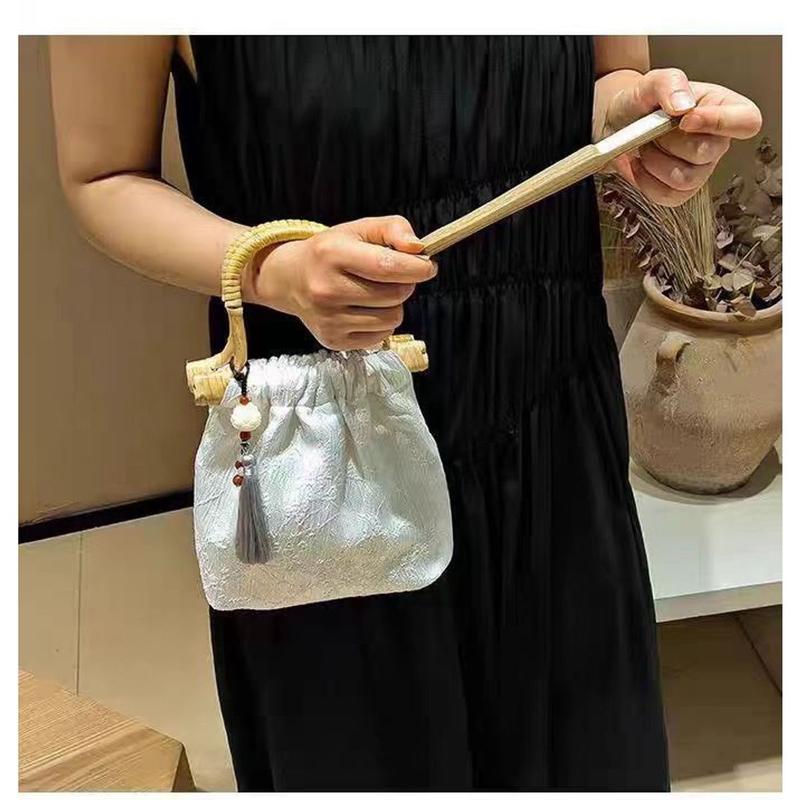 Túi Lụa Tay Cầm Mây Tre Phong Cách Trung Hoa, Túi Xách Tay Vintage, Túi Mây Tre Cổ Trang 4