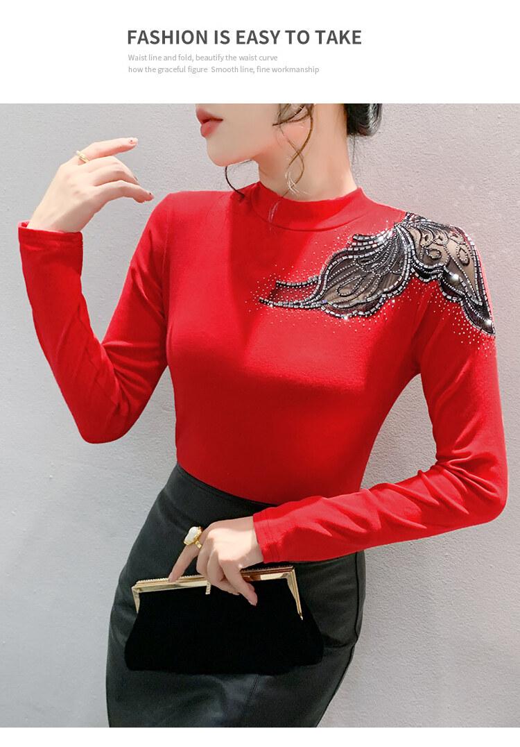 Product Introduction of Áo Sơ Mi Cơ Sở Cotton, Phong Cách Châu Âu, Dài Tay, Cổ Tròn, Thiết Kế khoét Ren Và Kim Cương Giả Màu Đỏ, Thời Trang, Thích Hợp Cho Mùa Xuân Và Mùa Hè, Áo Thun Nữ Đẹp, DL, Xu Hướng 2025 20