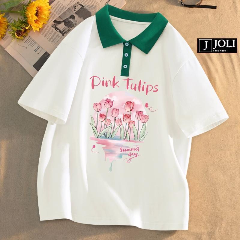Áo Polo Nữ, Polo Unisex By JOLI Mã PL PinkTulips Form Rộng Tay Lỡ Cho Nam Nữ Top Cotton 4