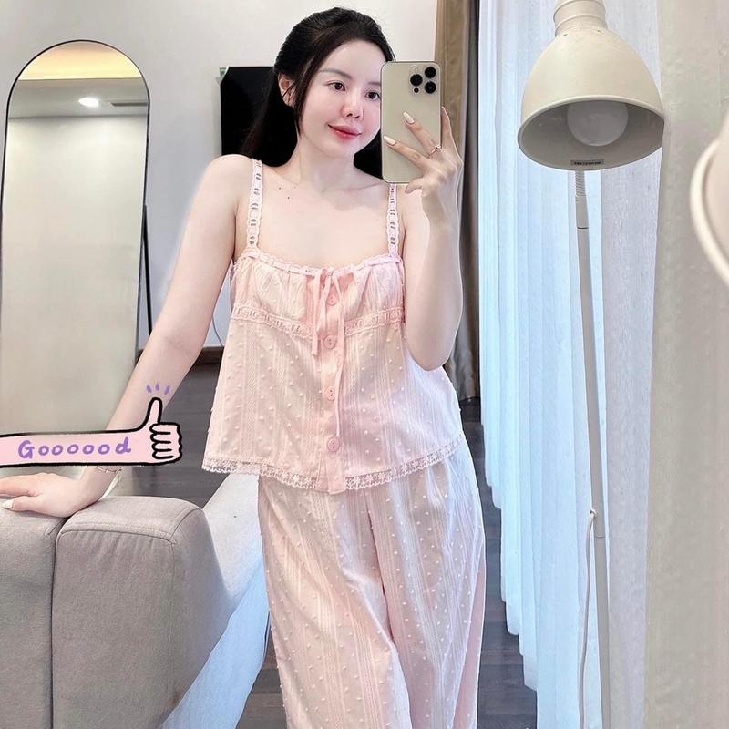 A&- Áo 2 dây quần dài đũi  bông xù cho nữ màu hồng - Bộ ngủ tiểu thư 2 dây hàng quảng châu cao cấp Women