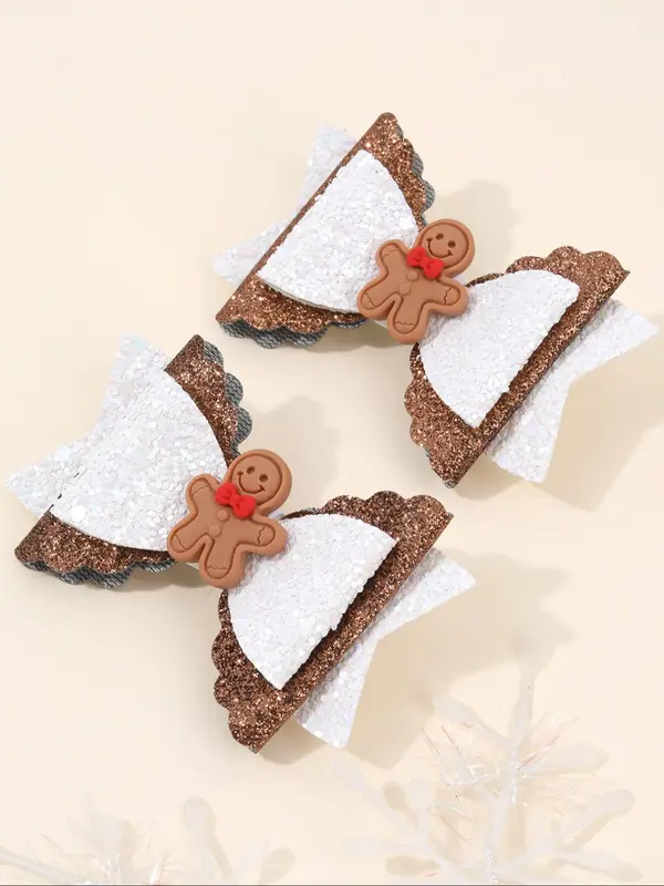 Cute Gingerbread Man Decor Bowknot Design Hair Clips, Glitter Hair Accessories for Girls, Fashion Hair Accessories for Party, Daily Clothing Decor 6