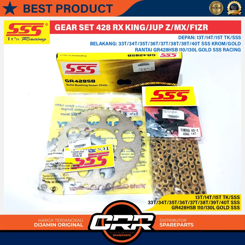 Gear Set SSS Girset 428 Yamaha RX King F1ZR Jupiter Z Vega R Jupiter MX New Force 1 Alfa V88 Ukuran Depan 13T/14T/15T Belakang 33T/34T/35T/36T/37T/38T/39T/40T/43T Rantai Gold 428-110L / 130L GR428SB SSS Racing motorcycle Gear Set RX 428 SSS Kendaraan 1
