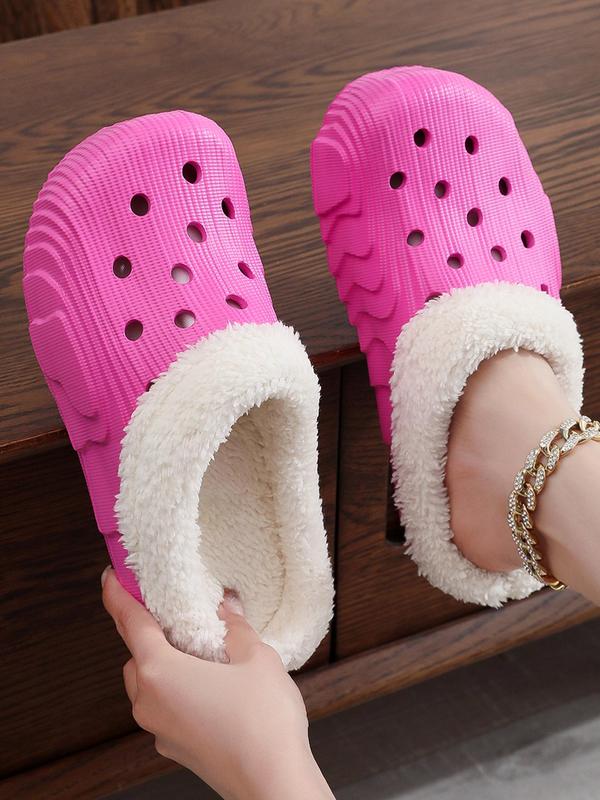 Plain Round Toe Slip-on Platform Clogs, Warm Fluffy Plush Lining Fluffy Warm Soft Platform Clogs, Hollow Out Slippers for Women, 2024 Comfort Shoe for Girl for Winter Footwear 2