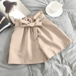 Hotpants Celana Pendek Wanita Style Korea Terbaru Kekinian Pita Kantong Nyaman Dipakai Tidak Mudah Kusut Shorts Hitam Katun Santai Polos Linen Elastic Waist Plus Size cuci kering warna hitam Kulot