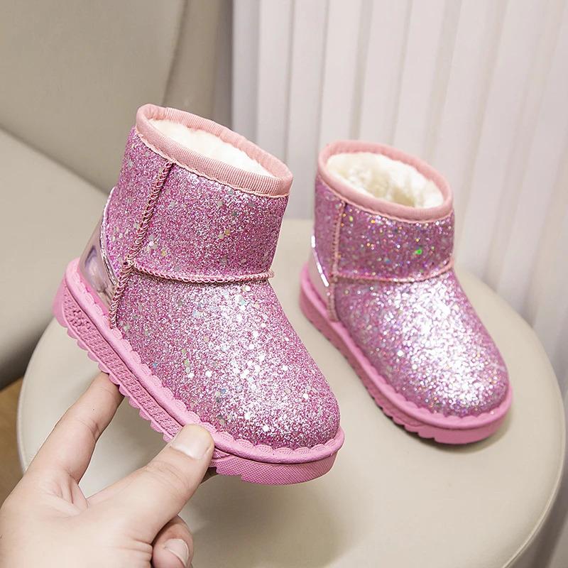 Product Introduction of Winter Girl's Snow Boots Glimmer Three Colors Thick Fur Kids Short Boot Warm Beautiful Stylish Slip-on Children Shoes 25-36 11