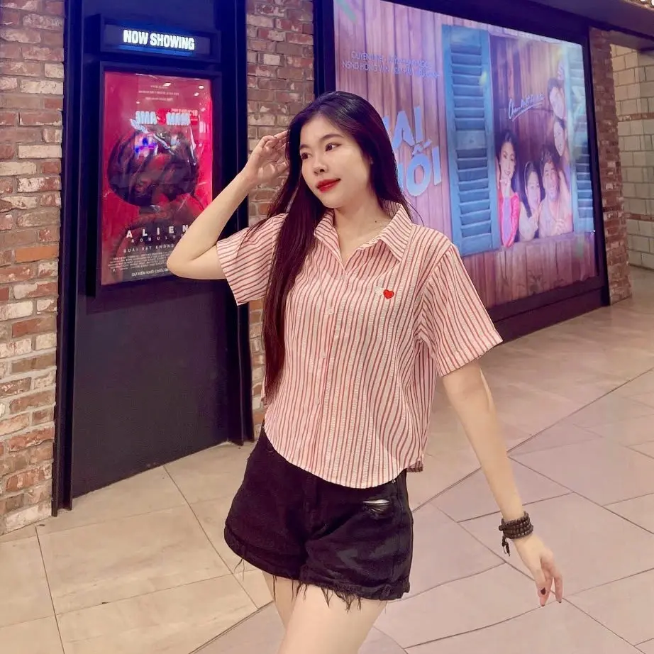 ÁO SƠ MI P-P 101 LỬNG VẢI COTTON ĐỦI KẺ SỌC THÊU TRÁI TIM XINH XẮN