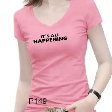 KAOS VNECK /IT''S ALL HAPPENING /ATASAN WANITA Slim-fitting Soft Stretch Baju Cewek Pendek Tshirt Santai 2
