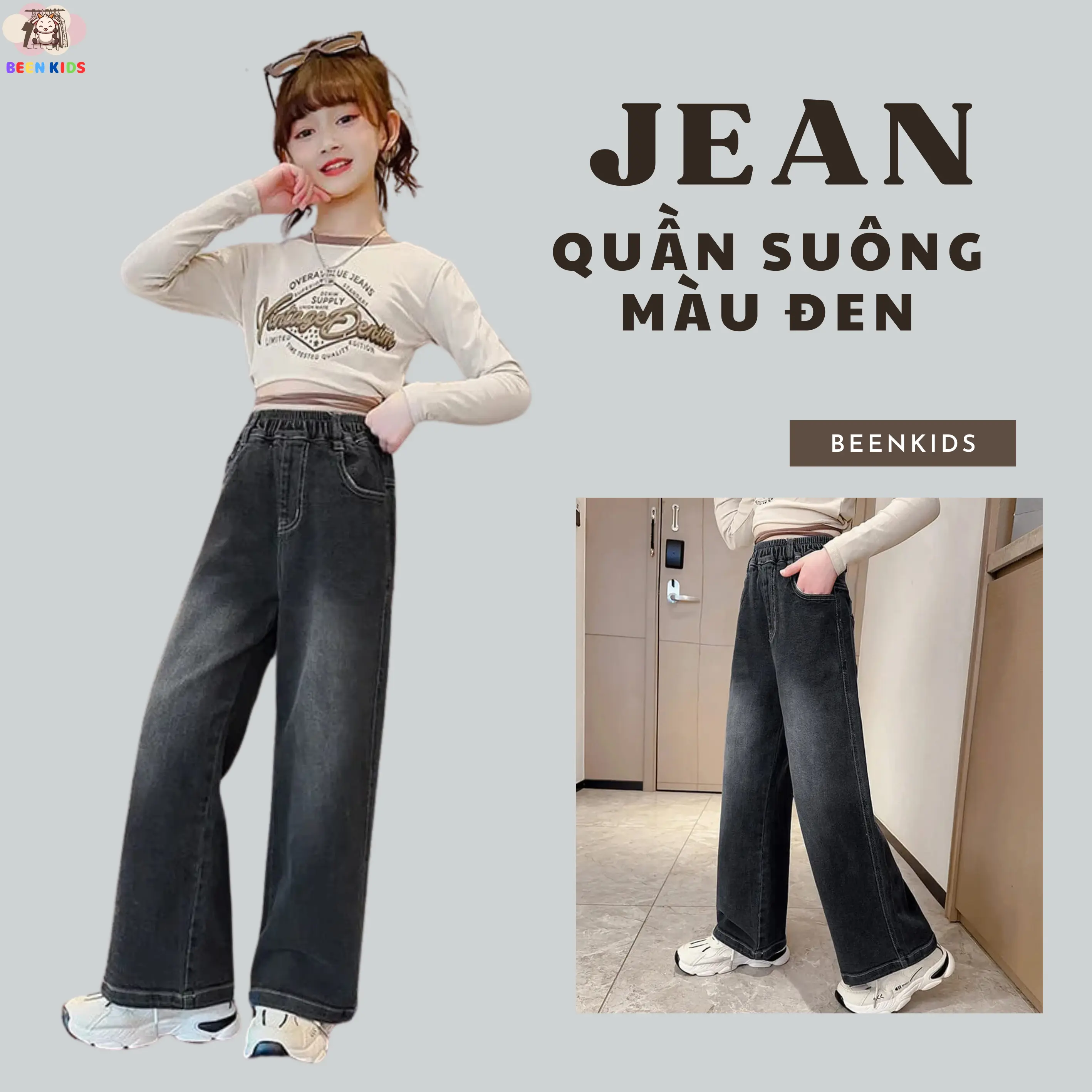 (BEEN.KIDS 29) Quần jean suông màu đen thời trang cho bé gái đủ size từ 14-45kg