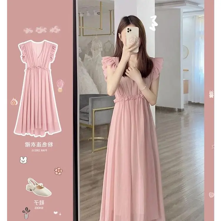 Summer WOMEN'S clothing flying sleeve pink elegant tea break waist slimming long dress beautiful chic chiffon French style V-neck dress