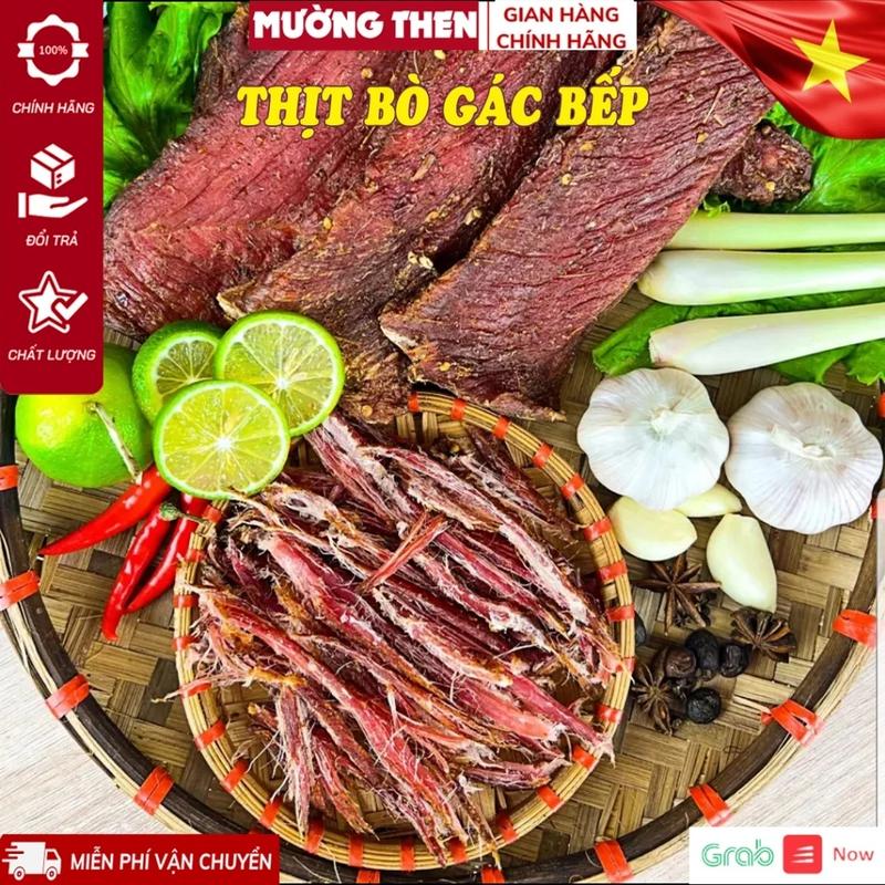 THỊT BÒ GÁC BẾP 200GAM CHUẨN TÂY BẮC (TẶNG CHẨM CHÉO) KHÔ BÒ HUN KHÓI THỦ CÔNG MƯỜNG THEN  Food Ăn Vặt Cay Chua Snack