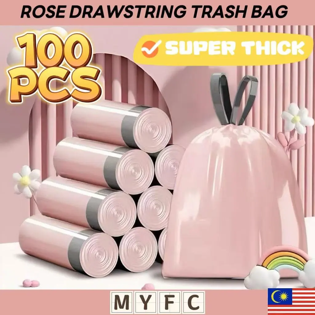 100 PCS Pink Rose Drawstring Trash Bag Garbage Bag Bin Bag Rubbish Bag ...