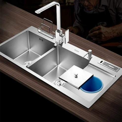   Chậu Đúc  Combo Chậu Rửa Chén Bát INOX N3 10048 NA.GRAND và Xả và Rổ và Vòi chén nóng lạnh và Bình rửa chén 