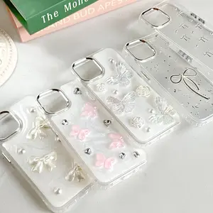 【SatSet.ind】LUX Plating Transparan Tekstur 3D Pita Ribbon Butterfly Compatible with iPh 11 Pro 12 ProMax 13 14 Plus 15 16 Casing Cover Elegan Mewah Glitter Metal Plating Clear Case back  cover