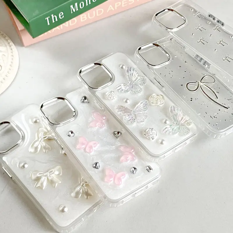 【SatSet.ind】LUX Plating Transparan Tekstur 3D Pita Ribbon Butterfly Compatible with iPh 11 Pro 12 ProMax 13 14 Plus 15 16 Casing Cover Elegan Mewah Glitter Metal Plating Clear Case back  cover 0