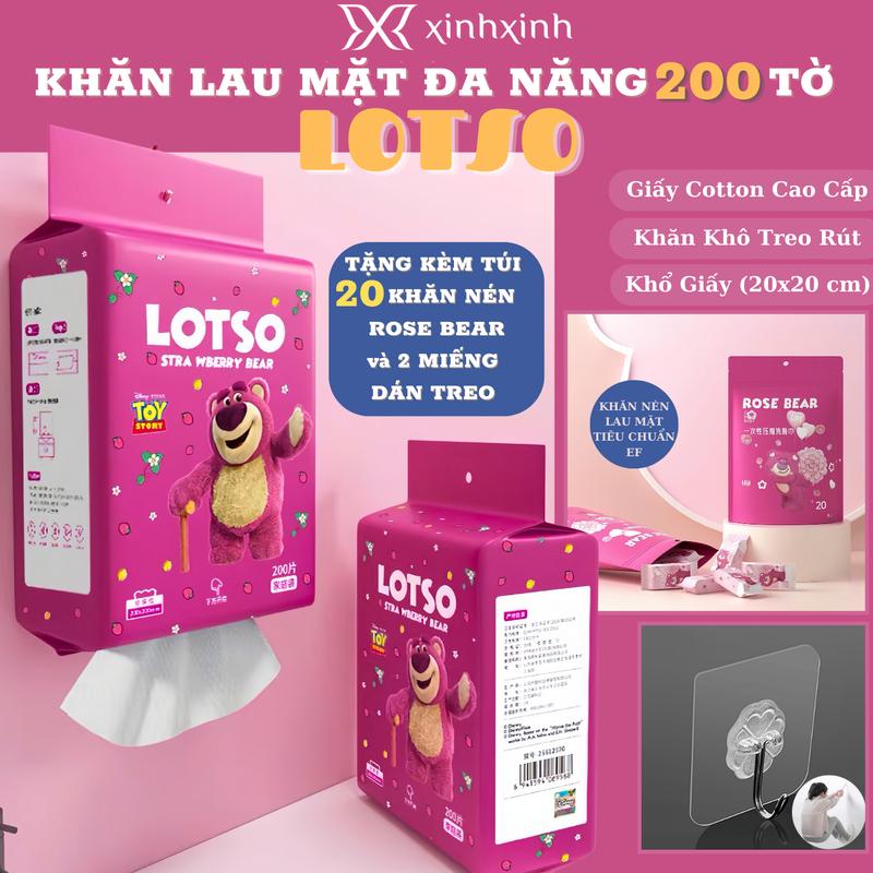 Khăn Lau Mặt Đa Năng Gói 200 Tờ Gấu Dâu Tẩy Trang Mềm Mịn Treo Tường - Tặng Kèm Túi 20 Viên Giấy Nén và Móc Treo . Trọng Lượng 600g . Kích Thước 20x20cm Skincare