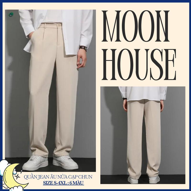  Quần âu form suông nửa cạp chun MOON HOUSE Màu Be form suông rộng nam nữ thanh lịch,tối giản Menswear Pants dành cho mọi dáng người 