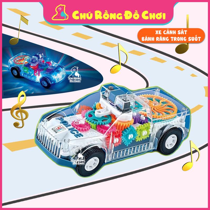Đồ chơi xe bánh răng trong suốt ôtô cảnh sát có đèn led và nhạc vui nhộn cho bé