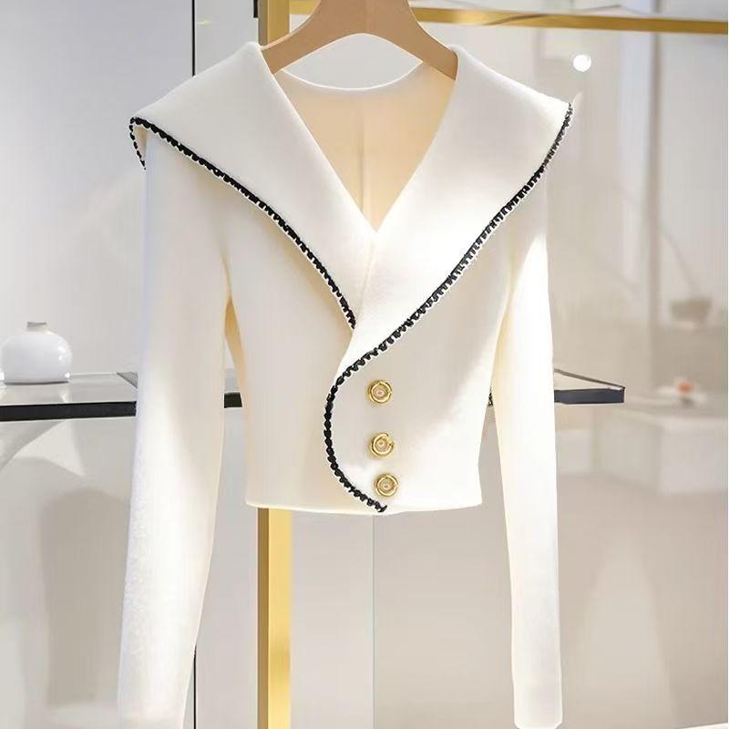 Áo Cardigan Dệt Kim, Cổ Bẻ Áo Màu Trắng, Phong Cách Cổ Điển Cao Cấp, Áo Khoác Len Cropped Xén, Dành Cho Nữ, Mùa Thu 2024, Thiết Kế Độc Đáo Siêu Đẹp 0