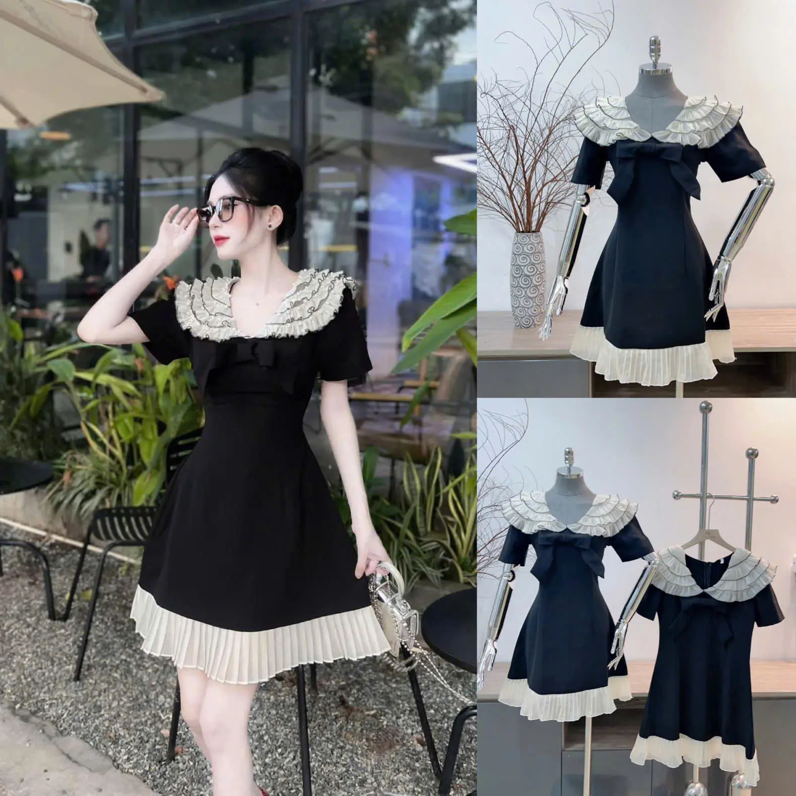 Đầm Thiết Kế Cổ Bèo Phối Tơ Dập Ly Dáng Mini Bigsize Kim Ngân Từ 50kg Đến 100kg S/M/L/XL/XXL DX32