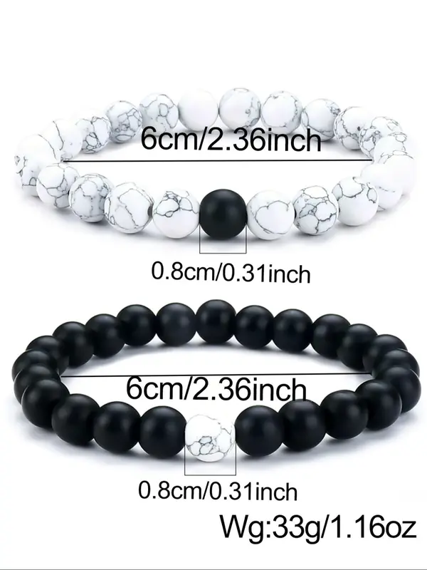 2pcs/set Unisex Simple Style Beaded Bracelet with Turquoise Texture Design, Casual Trendy Beaded Bracelet, Fashionable Jewelry for Women & Men, Couples Gifts 1