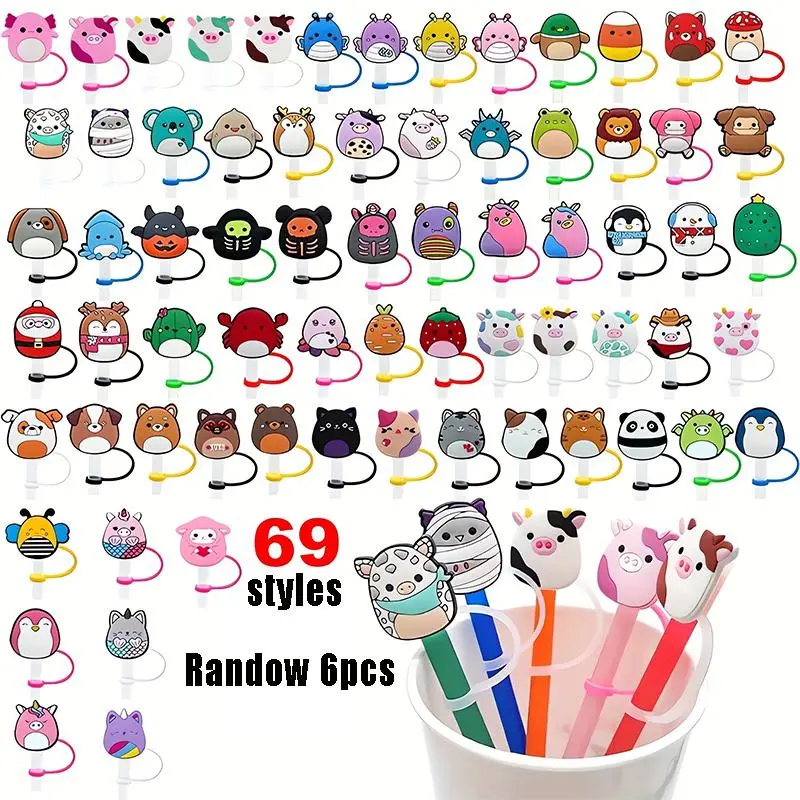 Cute Cartoon Animal Design Straw Lid, 4pcs/6pcs Reusable Silicone Straw Tip Cover for 7-8mm Straw, Drinkware Accessories 0