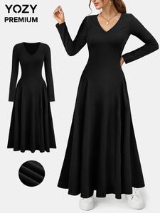 YOZY Women's Plain V Neck Long Sleeve A Line Dress, Elegant Solid Color Dress for Party Holiday Wedding Guest, Ladies Clothes for All Seasons