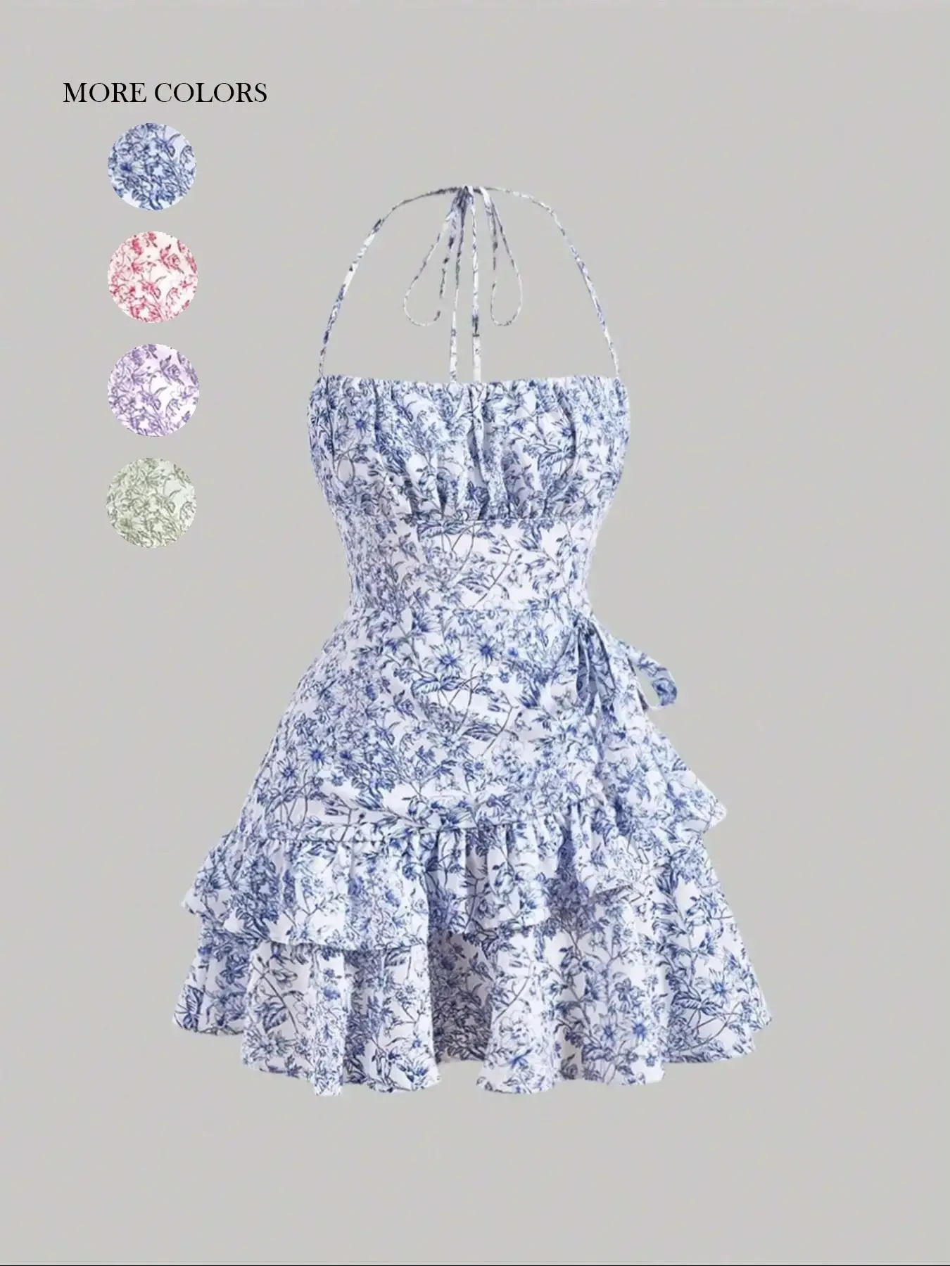 Womenswear Comfort Ditsy Floral Tie Front Cami Dress, Halter Neck Top Sun Dress, Breathable Layered Ruffle Backless Tie Back Halter Jess Sundress, Casual Summer Dresses, Dresses for Holiday, Dresses for Women