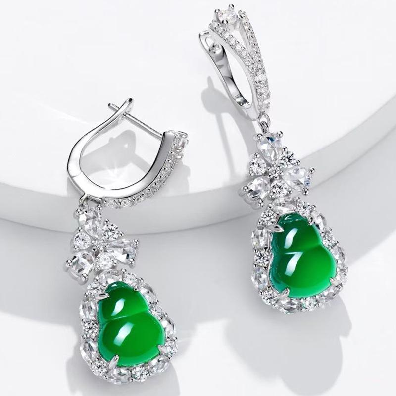 S925 Silver Inlaid Diamond Green Chalcedony Gourd Ear Hook High-Grade Women's Earrings JU8527 5