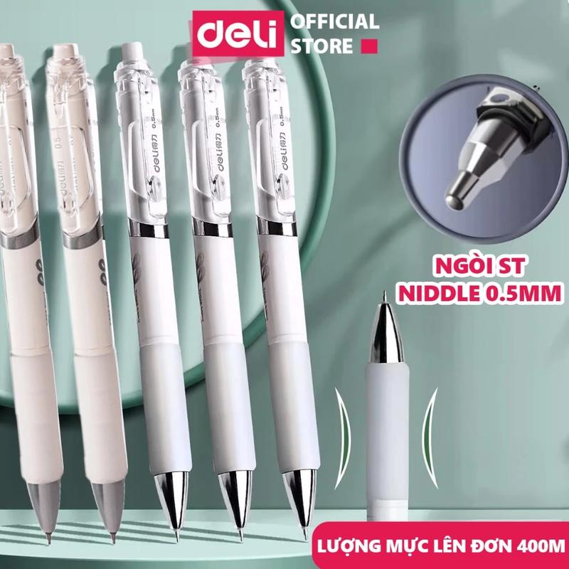 Bút gel ngòi ST 0.5mm mực đen có đệm tay Deli - Bút bi nước nhanh khô viết trơn tru cho học sinh sinh viên văn phòng