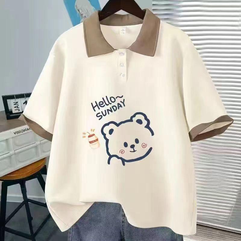 Bộ Đồ Phong Cách Preppy, Bộ Đồ Hai Mảnh Cho Nữ, Áo Phông ngắn Tay Cổ Polo Hình Gấu Dễ Thương, Quần Ống Rộng Thường Ngày Hàng Mới Về Mùa Hè Năm 2024 2