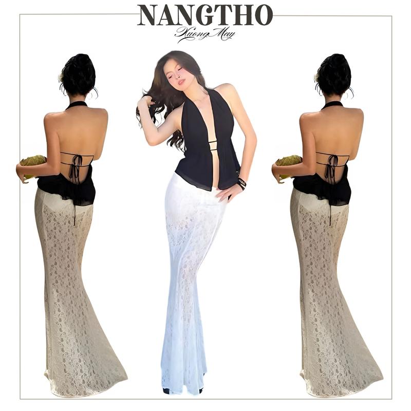 T336 Đồ Đi Biển Áo Cổ Yếm Có Mút Phối Chân Váy Ren QC 2 Lớp Sang Chảnh