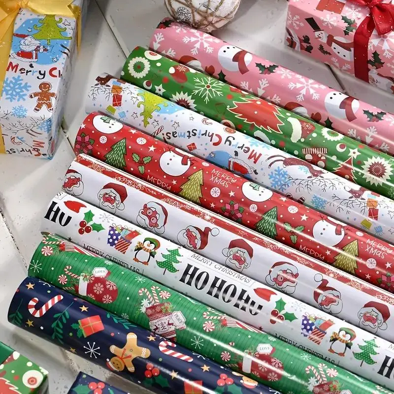 Christmas Gift Wrapping Paper, 6/8 Rolls Cartoon Christmas Pattern Double Layer Copper Paper, Gift Packaging Supplies for Holiday Birthday Party