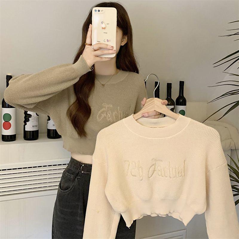 Áo Len Nữ Dệt Kim, Phong Cách Mùa Thu, Có Thêu Chữ, Cổ Tròn, Tay Dài, Dáng Rộng Vừa Vặn, Gợi Cảm, Chiều Dài Ngắn 1