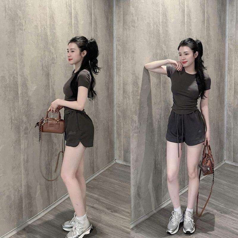 Set bộ BAD thêu Đồ Nữ Trơn Basic Ôm Body Áo Nhún Rúm Eo Ngắn Tay Mix Quần Đùi (BỘ NHÚN EO TRƠN) 5