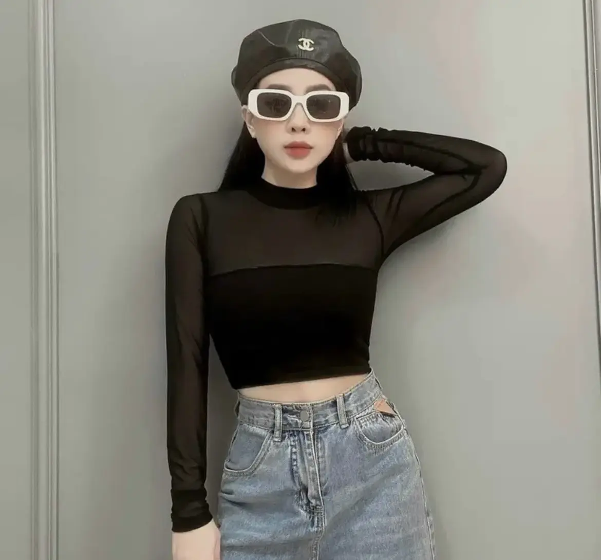 Áo thun body tay dài phối lưới A349