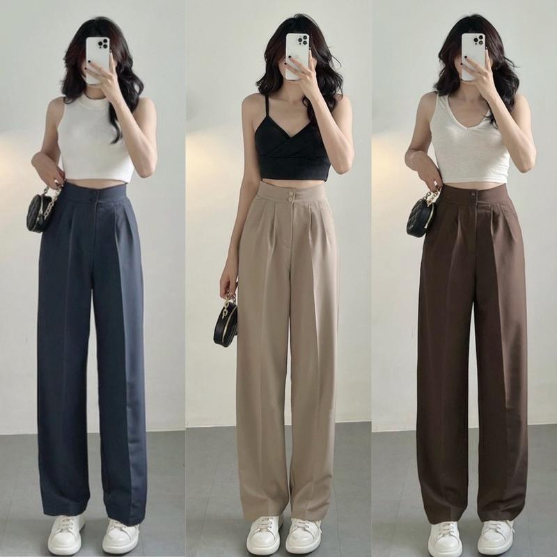 Quần tây nữ ống suông dáng dài cạp cao bản to 2 cúc tôn dáng Quần vải nữ ống rộng màu đen làm công sở Pants Ong Women quầntây ốngsuông