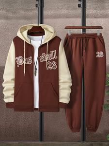 Two-Piece Set Men's Colorblock Letter Print Zip Up Hoodie & Figure Print Drawstring Waist Sweatpants Set, Regular Fit Casual Long Sleeve Hooded Sweatshirt & Pocket Jogger Pants for Spring & Fall, Men's Two-piece Outfits for Daily Wear