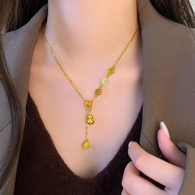 Gold-Plated Gourd Pendant Necklace – Lucky 'Fu' Charms, Ancient Sand Gold Craft