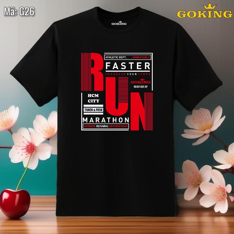 RUN, mã G26. Áo thun hàng hiệu Goking, form unisex nam nữ, trẻ em trai gái. Áo phông Cổ Tròn in chữ đẹp cho gia đình, công ty, team building, lớp nhóm. Quà tặng ý nghĩa cao cấp. Thời trang unisex cá tính, mẫu mới trend 2025.