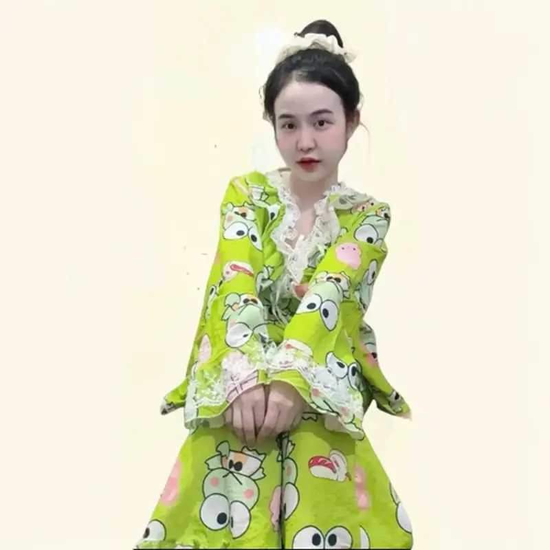 Đồ bộ hoạt hình tiểu thư đũi xốp phối ren Women Nữ Top 6