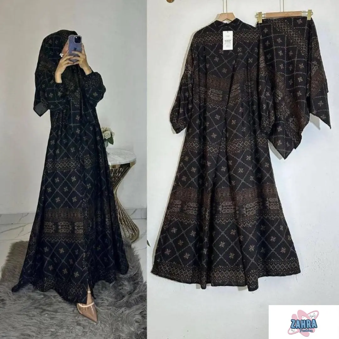 Gamis set hijab motif etnic hitam gamis hijab busui friendly Polka Dot Hitam rintik gamis motif melati coklat hitam Rayon Diamond Etnik Cantik Muslim