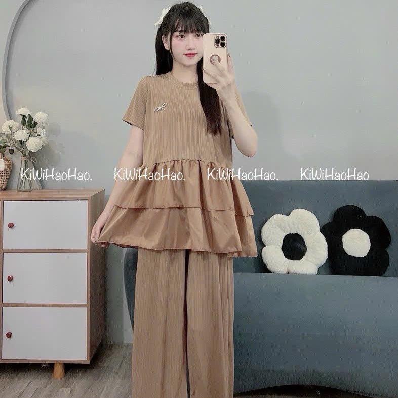 Đồ bộ bầu gân thái bộ bầu bộ sau sinh áo fom baby doll quần chỉnh chun theo vòng bụng Váy Bầu Đầm Bầu