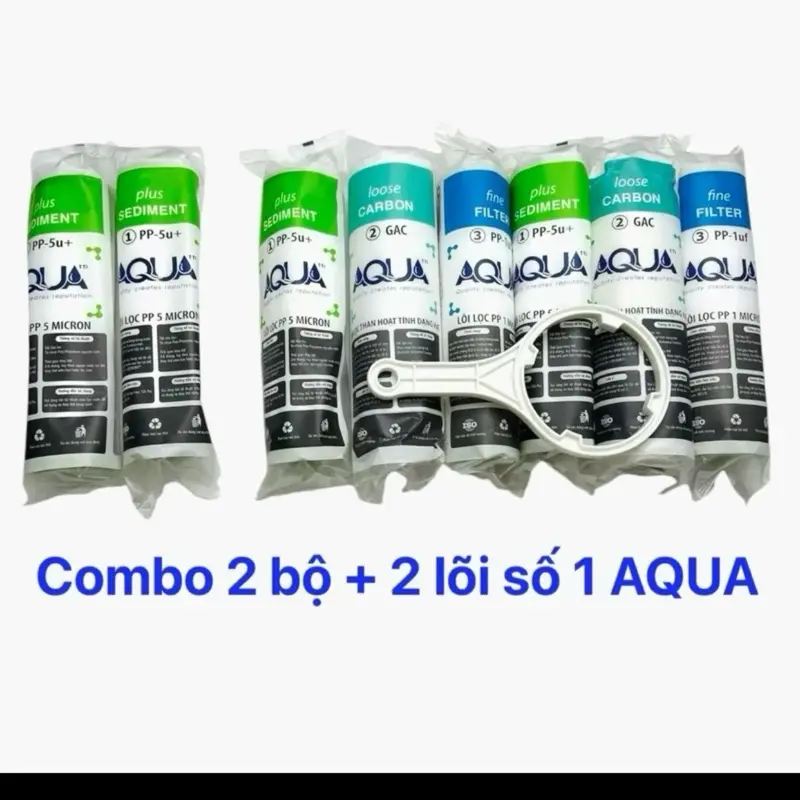 Bộ 8 lõi lọc AQUA lõi số 1 = 4 , lõi số 2 = 2 , lõi số 3 = 2 lắp cho các loại máy lọc RO có cốc lọc thô 1,2,3 10inch tặng kèm tay công tháo cốc lọc 1,2,3 Bộ lọc nước thay thế cho máy lọc nước RO sản suất tại Việt Nam