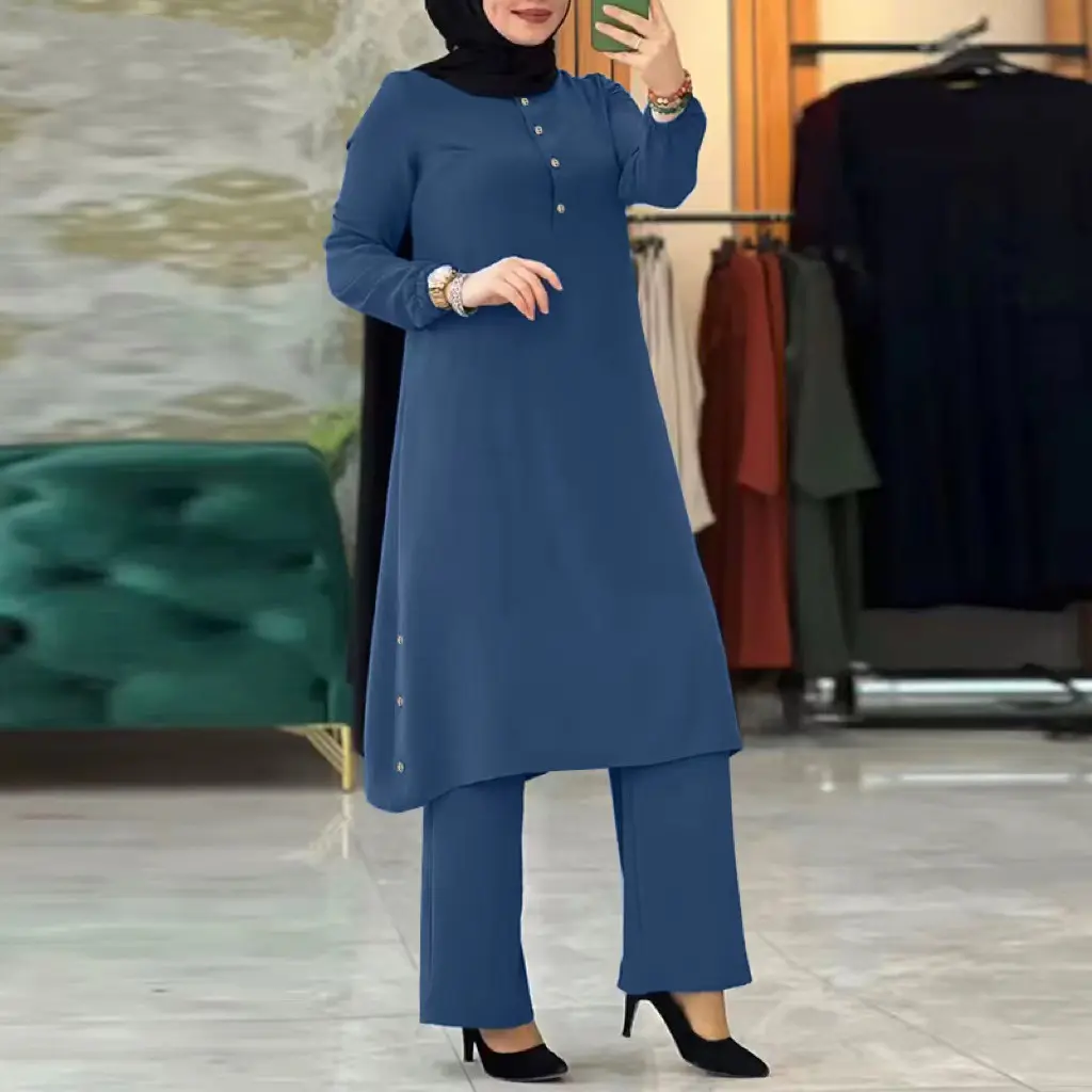 Sut Wanita Muslim Timur Tengah, Kualiti Baru 2024, Warna Pepejal, Lengan Panjang, Hiasan Jahitan Sisi, Gancu Kayu, Pinggang Bergetah, Dalam Stok