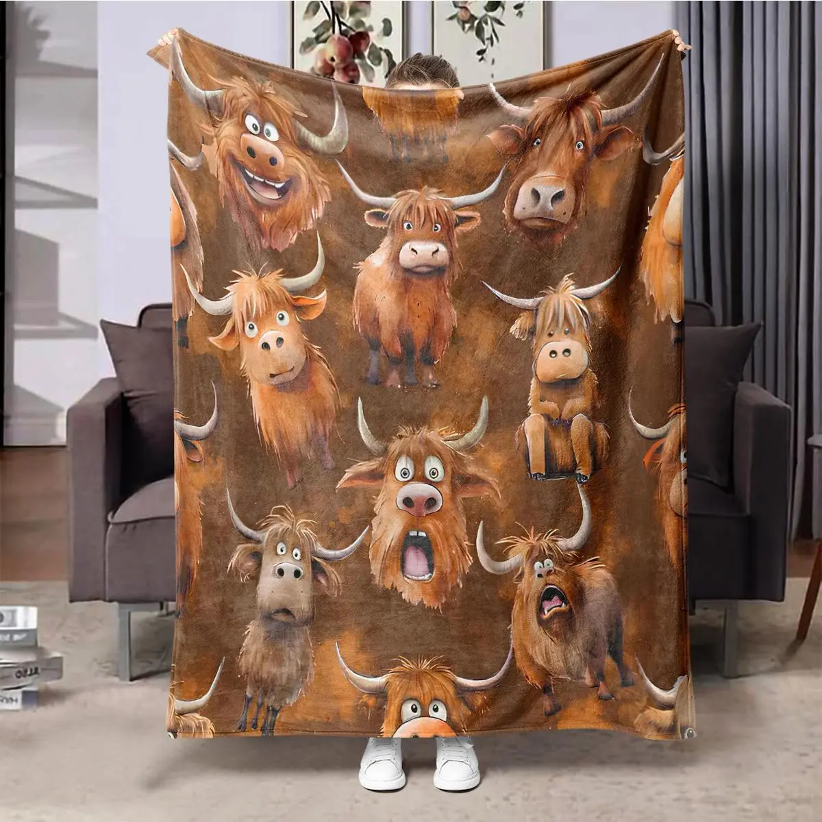 Funny Highland Cow Pattern Blanket, 1 Count Soft Warm Throw Blanket, Air-conditioned Room Blanket, Warm Nap Blanket for Home Office Camping Travel