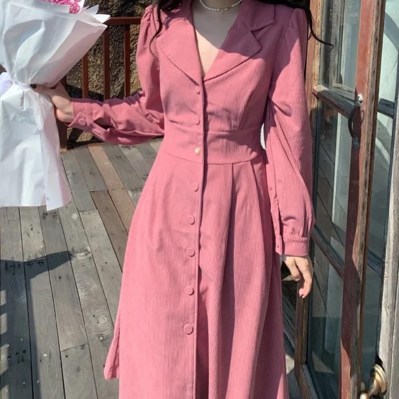 Product Introduction of Dress Korduroi Wanita Musim Gugur Gaya Korea Baru Desain Kerah Rok Panjang Manis Biru Merah Midi Putih Casual Gaun Retro Sifon Pendek Mini 22