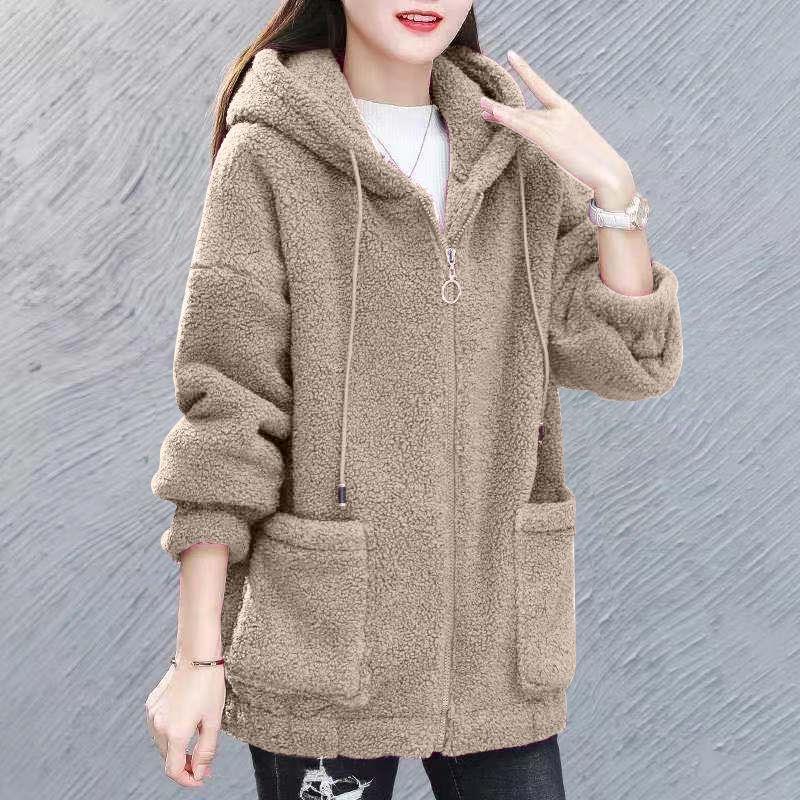 Product Introduction of Áo Khoác Lông Cừu Giả Cho Nữ, Ngoại Cỡ 175,00kg, Thích Hợp Cho Các Cô Gái Đầy Đặn, Phong Cách Mùa Thu Và Mùa Đông, Dày Dặn, Dáng Rộng Vừa Vặn, Áo Cardigan Có Mũ Trùm Đầu, Áo Len Cho Mẹ Top Women 1